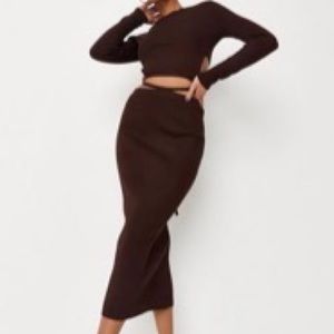 Chocolate co ord midaxi skirt & long sleeve knit crop top